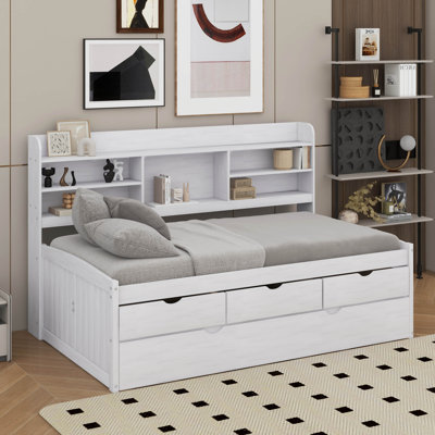 Twin Size Wooden Captain Bed With Bookshelves,Drawers And Trundle