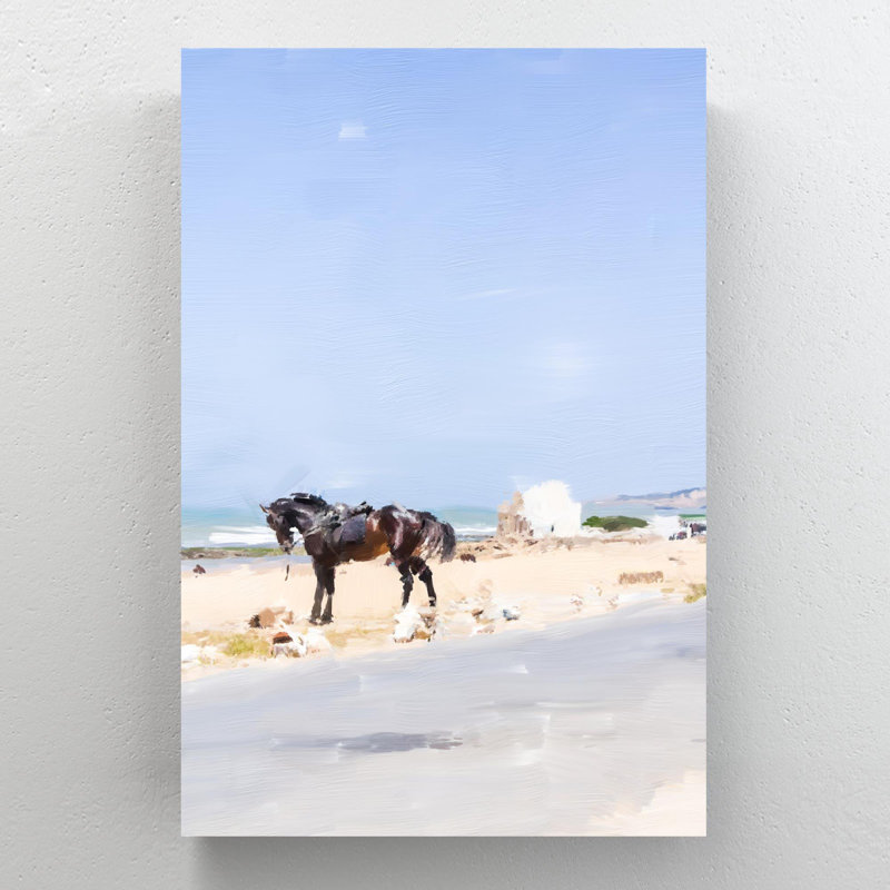 Cheval brun sur la plage pendant la journée 1 - 1 pièce, reproduction d'art graphique sur toile tendue, H 36 po x l 24 po