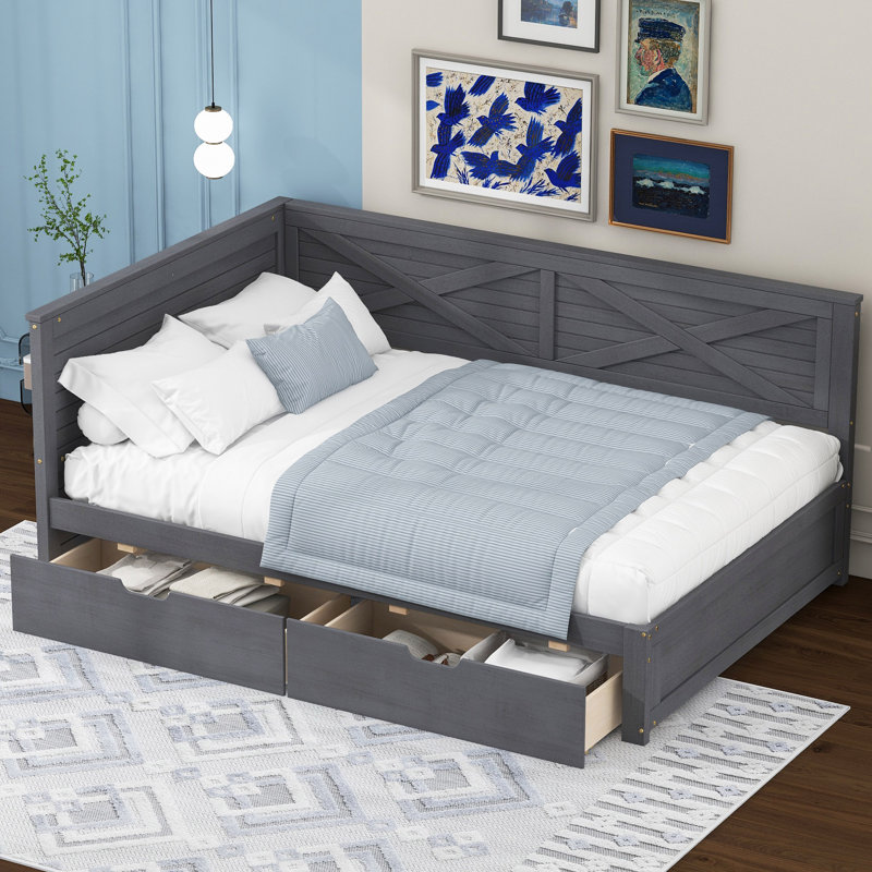 Lit de jour simple en bois avec 2 tiroirs et garde-corps rustique, Gris