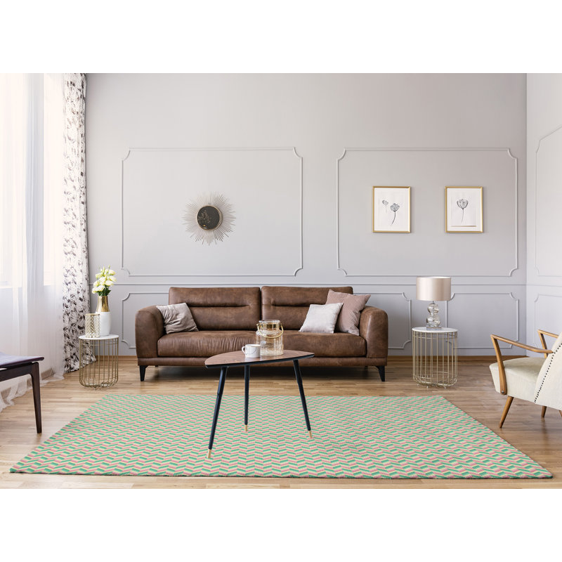 Tapis rose/crème/vert chevron, Rectangle 8 pi x 10 pi