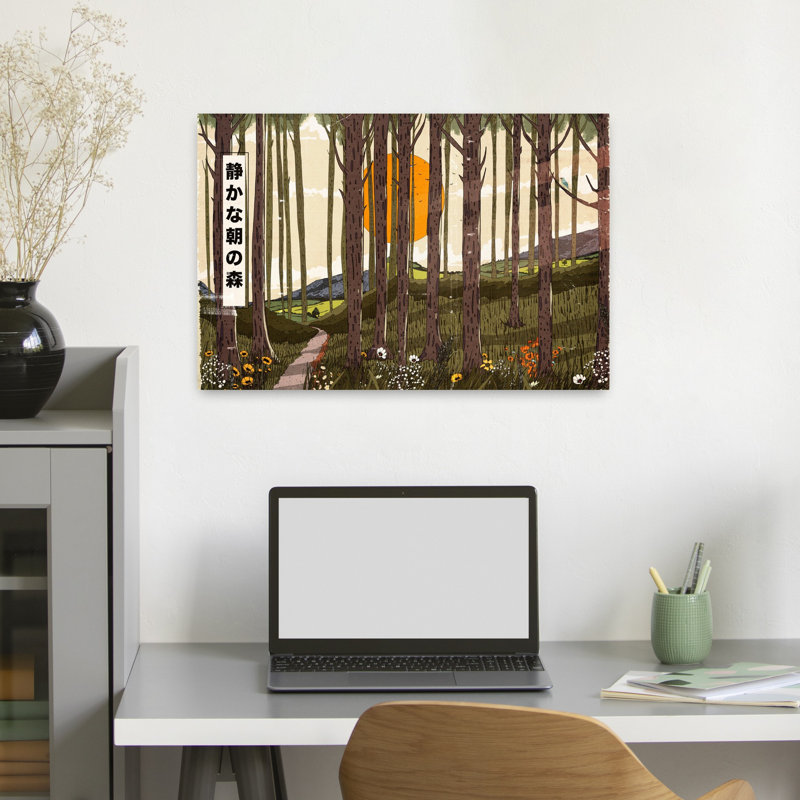 Contemporary Art Dreamy Minimalist Modern Bird Poppy Forest Landscape Wall Art - Wrapped Canvas Print