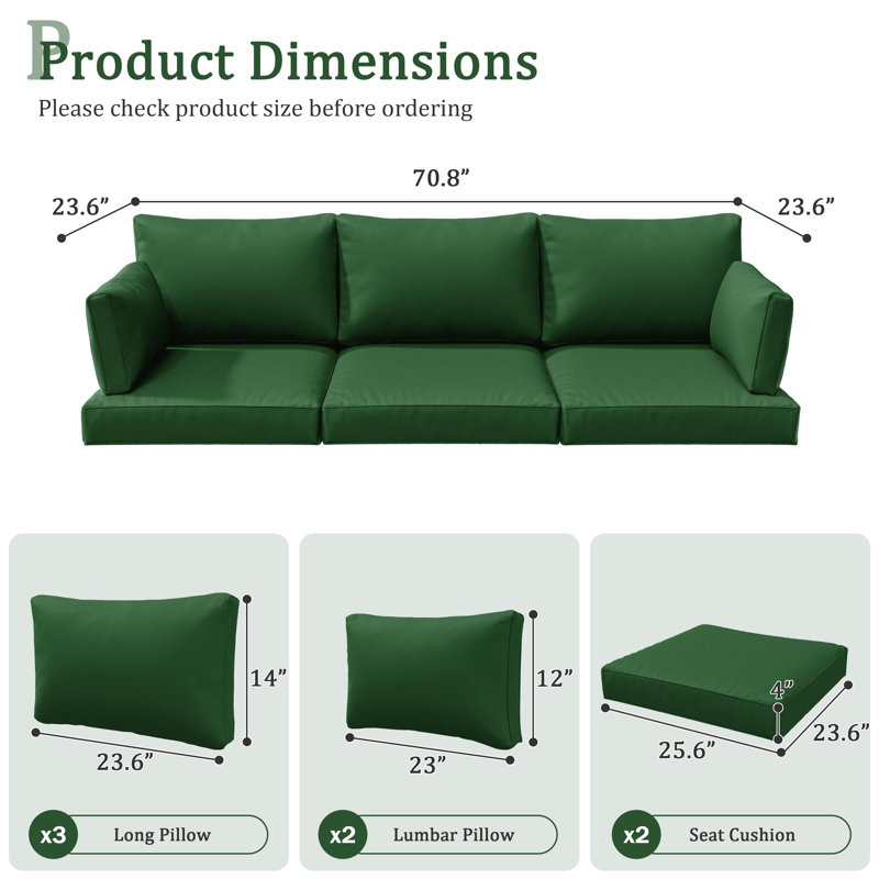 Outdoor 4" Thick Replacement Cushion Set Seat/Back Cushion (Set Of 3 Seats , 3 Backs , 2 Short Backs), Green
