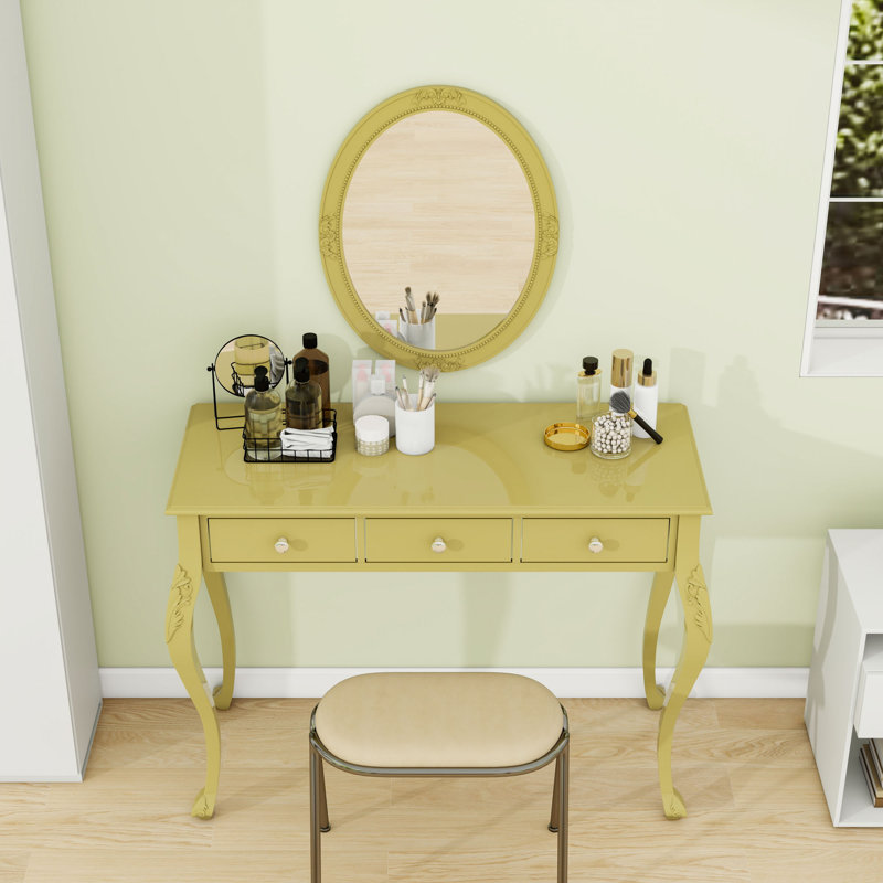 Meuble-lavabo 3 tiroirs avec miroir ovale, Doré