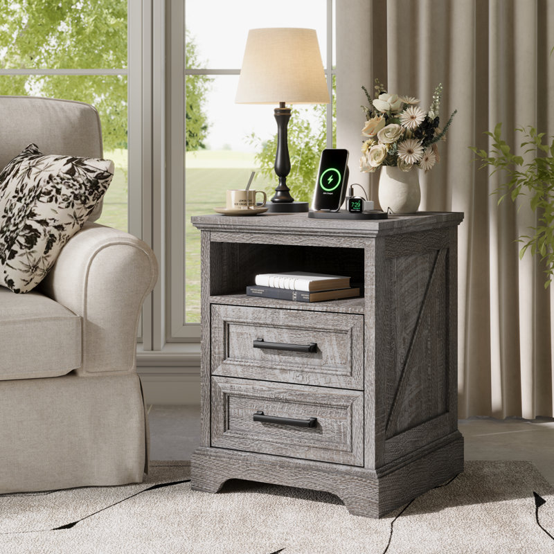 24'' Tall Farmhouse End Table With Built-In Outlets, Wood Side Table With 2 Drawers Storage & Open Cabinet, Gray