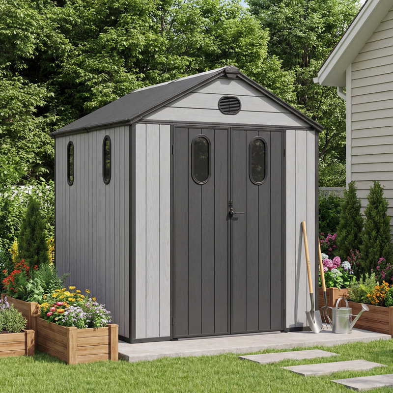 Outdoor Resin Storage Shed, Heavy-Duty Plastic Shed with Reinforced Floor, Windows & Mesh Vents, Lockable Door, Garden Shed