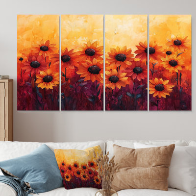 Vivid Sunset Hues Sunflowers Filed II - Sunflowers Wall Art - Art mural traditionnel pour le salon, 4 pièces