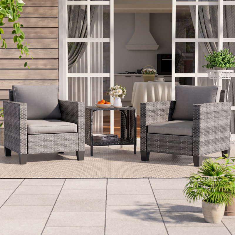 3 Piece Patio Conversation Set with Cushion, Gray, Gray