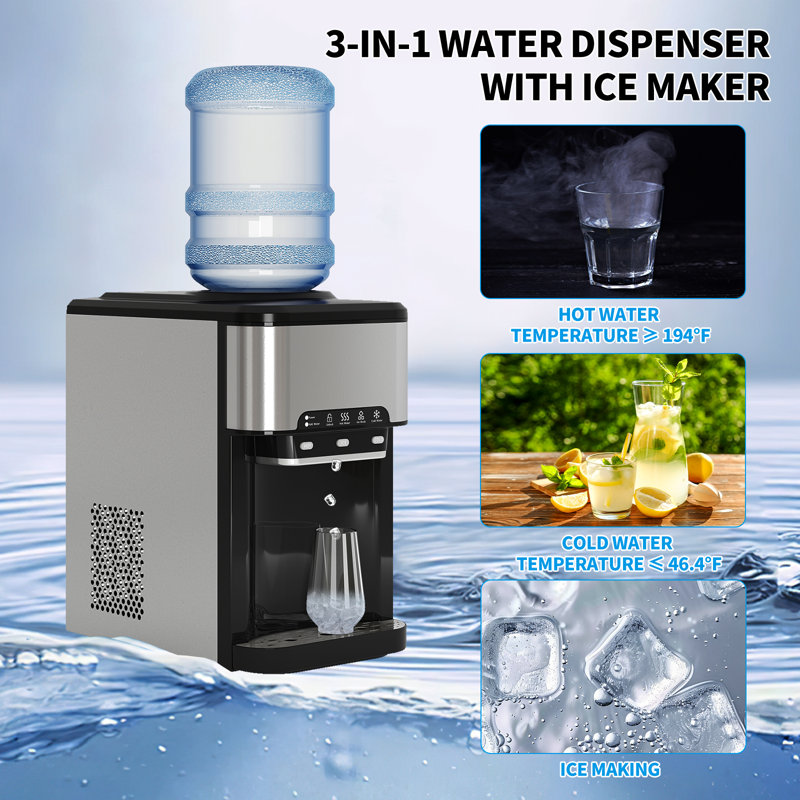Countertop Top Loading Water Cooler Dispenser with Built-in Ice Maker,44 Lbs in 24H Ice Production & Hot/Cold Water Dispenser,Energy Star 3-5 Gallons Capacity with Smart Frostguard & Whisperquiet Tech (Black)