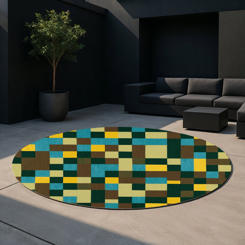Earth Mosaic Grid Indoor And Outdoor Area Rug, Round 5'