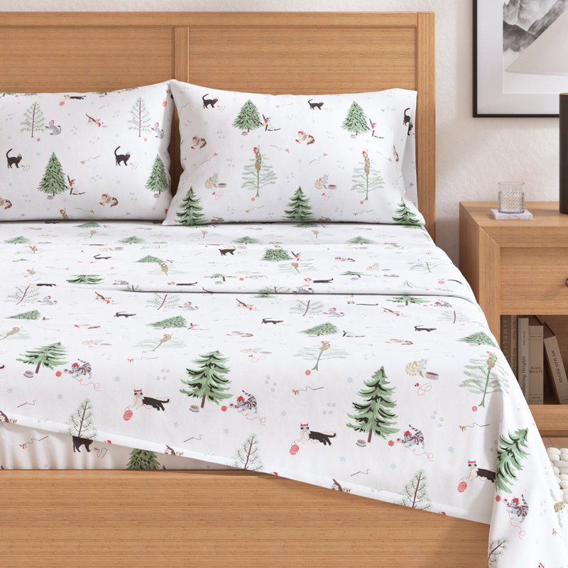 Winter Cats Blue Cotton Flannel Twin Sheet Set