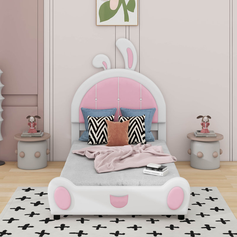Lit plateforme tapissier simple avec tête de lit en forme de lapin, Blanc