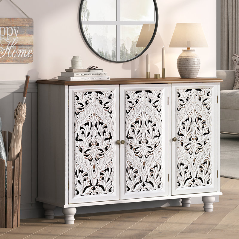 Armoire décorative avec 3 portes, armoire de rangement avec pieds en bois massif et tablette réglable, buffet pour le salon, l'entrée, la salle à manger, la chambre à coucher, blanc