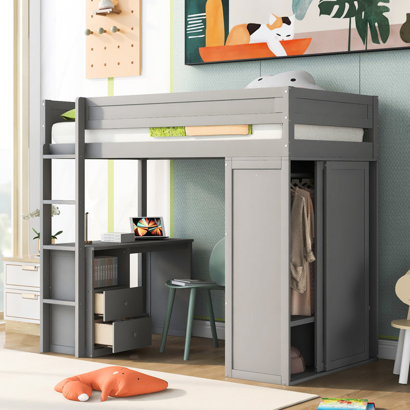 Lit mezzanine simple gris avec armoires mixtes, bureau et armoire 2, Gris, Lit simple