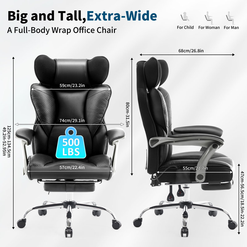 Chaises de bureau grandes et grandes 500LBS, Noir