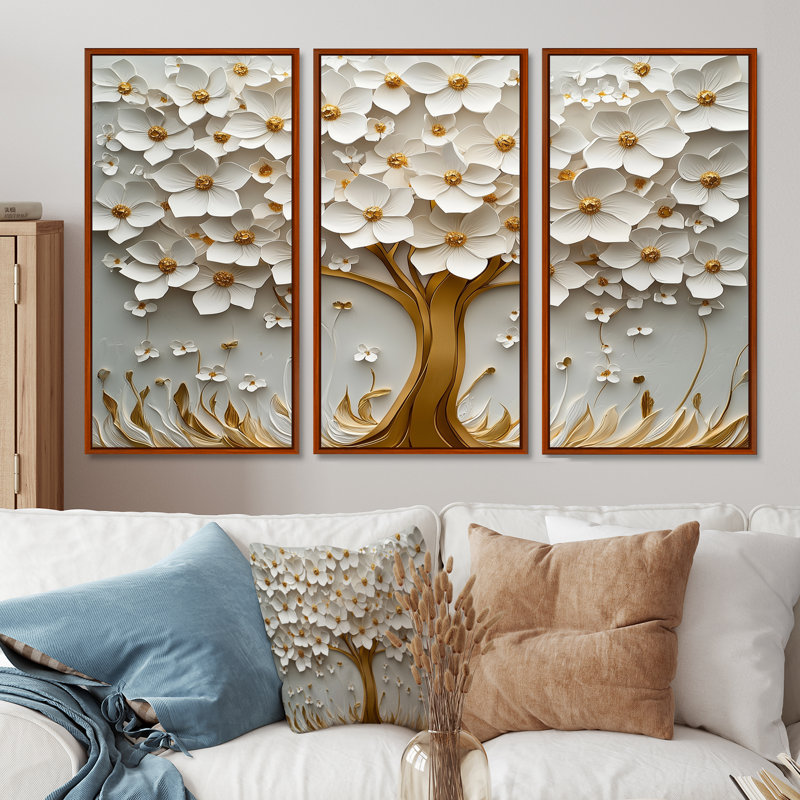 «White Basswood Blossoms Tree I», ensemble de reproductions d'art mural cerisier en fleurs, Toile avec cadre flottant brun