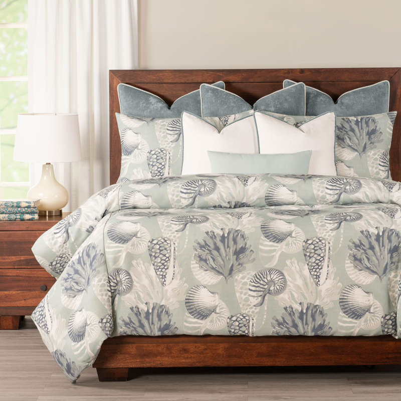 Ocean Blue Seashell Print Duvet Cover Set, Queen Duvet Cover + 2 Queen Shams