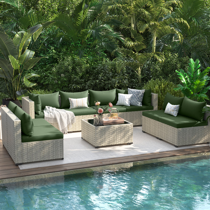 9 Pieces Rattan Patio Conversation Sets With Cushions, Green