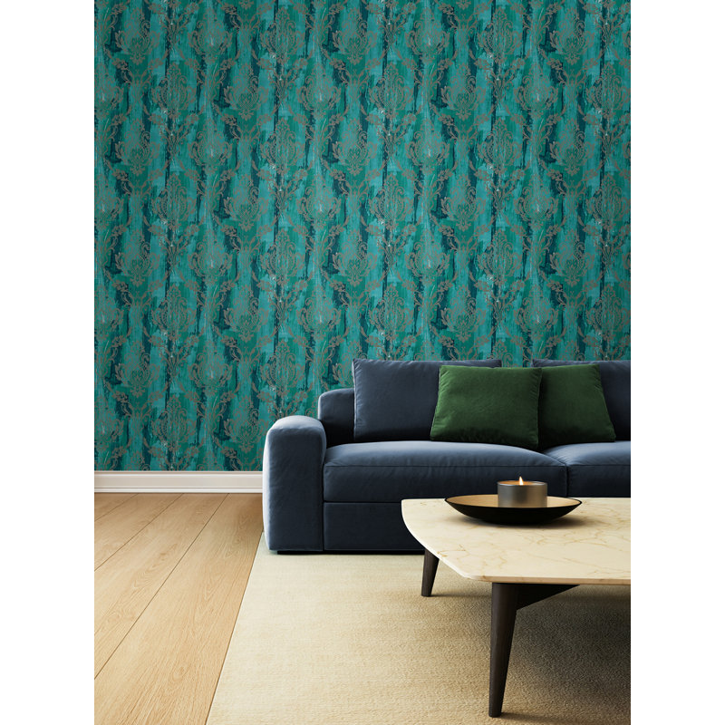  Papier peint à motif damas sarcelle et argent métallique Kemper Designs, Bleu sarcelle et argent métallique