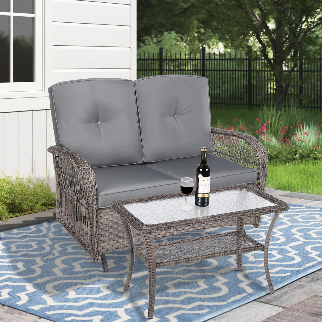 Red Barrel Studio® Outdoor Wicker Patio Glider Set With Glass-Top Coffee Table, Loveseat For 2 Person Porch Furniture Glider, Patio Glider Rocking Bench With Thickened Cushions Red Barrel Studio® Cushion 