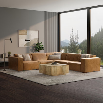 Grand canapé modulaire en L Rex en cuir véritable à 5 places avec accoudoirs très larges Rex
