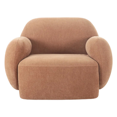Upholstered club chair in light brown.