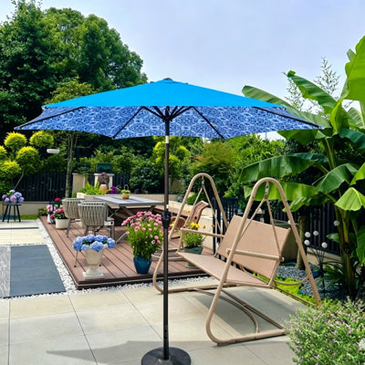  Parasol de patio extérieur avec manivelle et système d'inclinaison, auvent imperméable et résistant aux rayons UV pour le jardin et la terrasse, motif bleu