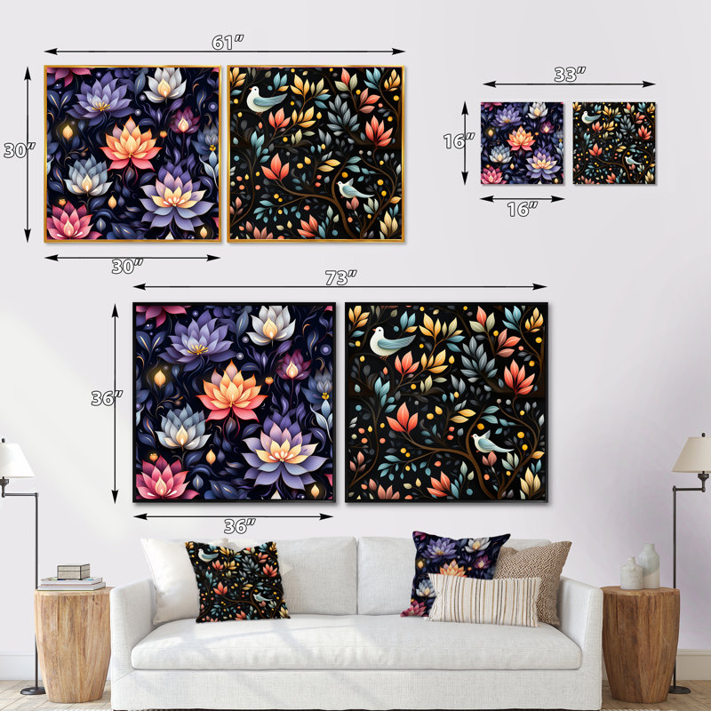Privette - Ensemble de 2 collages carrés botaniques abstraits, Cadre flottant noir, H 16 po x l 33 po