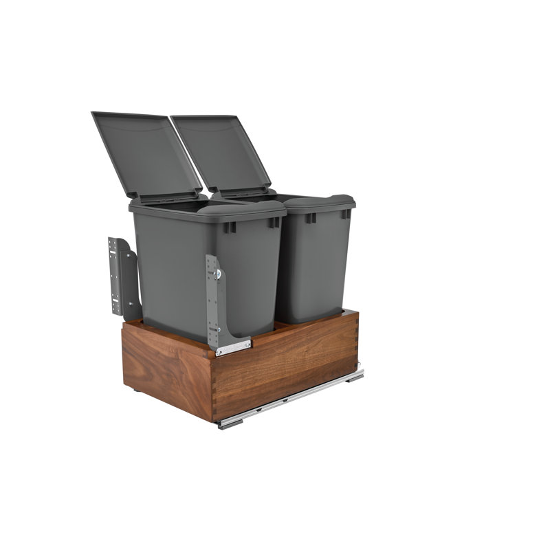 Double Silver 35 Qt. Walnut Bottom Mount Pullout Waste Container w/ (1) Lid and BLUM Soft-Close Slides, 8.75
