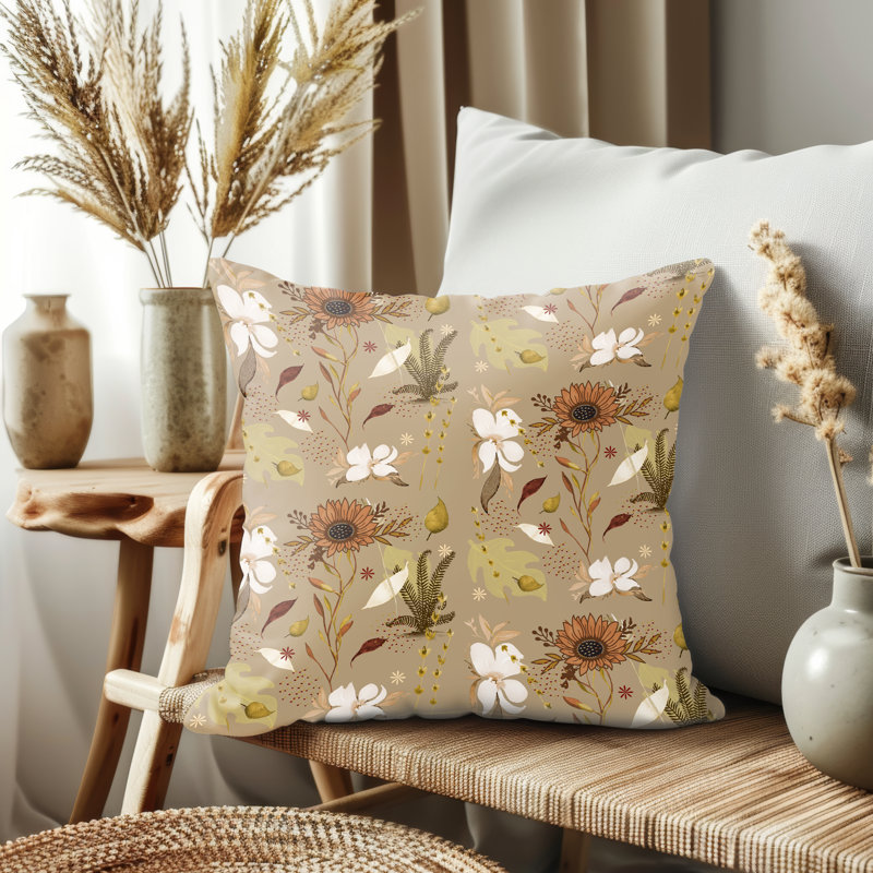 Housse de coussin, Beige / floral taupe, H 14 po x l 14 po