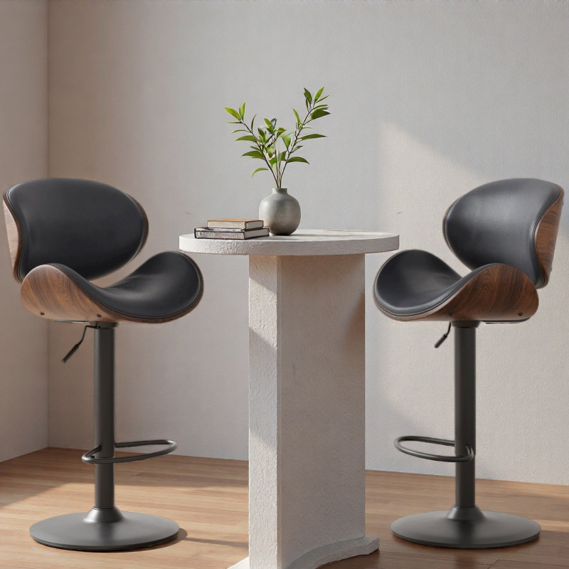 Ensemble de 2 tabourets de bar pivotants en bois cintré à hauteur réglable avec siège, dossier et repose-pieds en similicuir, comptoirs de cuisine modernes pour bar, salle à manger