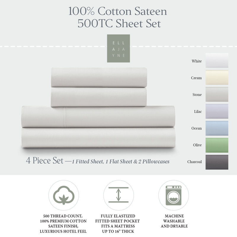  500 Thread 100% Cotton Sateen Sheet Set (4PC.), Queen, Stone