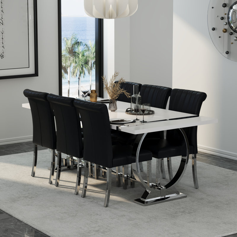 Ensemble de table de salle à manger 7 pièces en chrome argenté moderne avec 6 chaises en cuir noir et argent, Noir