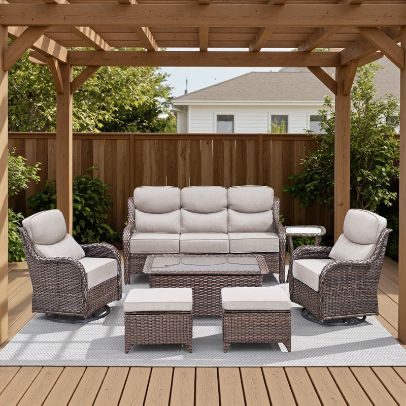 Ensemble de conversation d'extérieur en osier pour 5 à 7 personnes avec repose-pieds, Beige, Brown