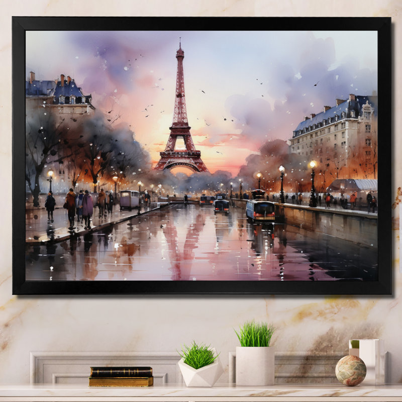 Jinal Pink Twilight Rendezvous in Paris III - Print, 24" H x 32" W x 1" D, Black Single Picture Framed