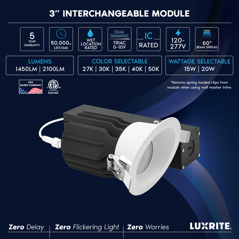 Luxrite 3 po Luminaire encastré à DEL sans cadre avec rondelle ronde blanche interchangeable à DEL, 15 / 20W, 1450 / 2100LM, intensité variable, faisceau de 60 °, intensité variable, paquet de 4