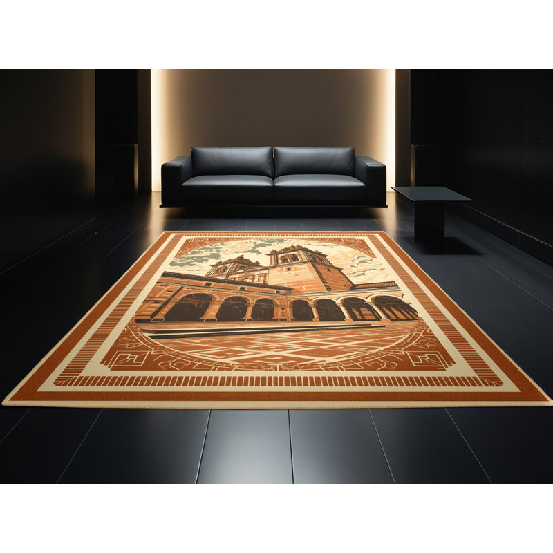 Machine Washable Orsolya Cusco Plaza Armas Vintage Block Print Rug in Brown – LightBrown Binding, 2x3
