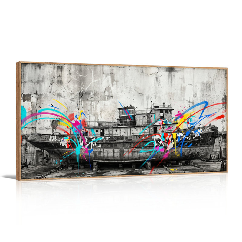 Ensemble de 1 tableau sur toile représentant un bateau graffiti, 40“W x 20”H, Natural