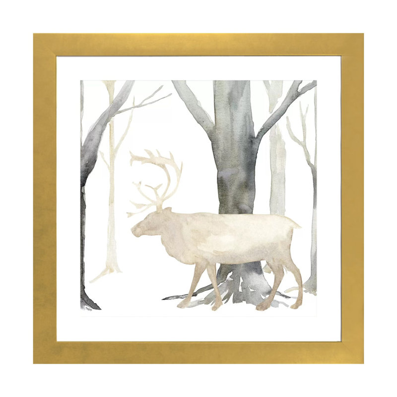 " Winter Forest Elk " by Tara Reed, Gold Framed Paper, White, 16" H x 16" W x 1" D