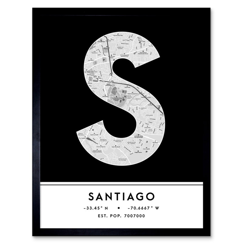 Santiago City Map Santiago Black & White - Single Picture Frame Typography