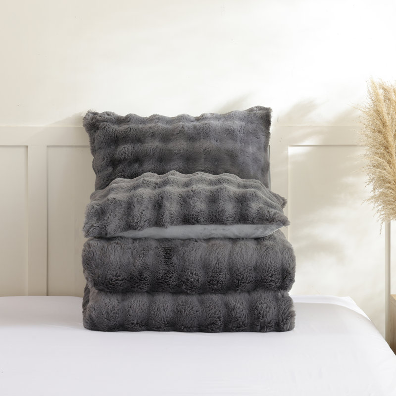 Fluffy Comforter Set 3 Pieces- Ultra Soft & Warm Faux Fur Comforter With Two Pillowcases For Winter, Dark Gray