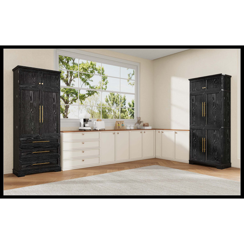 Armoire de cuisine de campagne de 78,2 po de hauteur avec 8 tablettes de porte, armoire de rangement avec 4 tablettes réglables, tiroir caché, support à vin, armoire polyvalente pour la cuisine, la salle à manger et la salle de bain, noir cendré