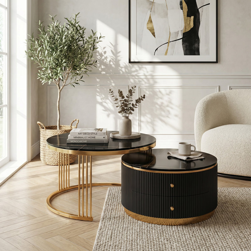 Ensemble de tables basses modernes gigognes 2 pièces avec tiroirs intégrés et pieds décoratifs dorés, Noir