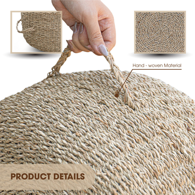 Chula 18" Round Natural Seagrass Pouf Ottoman – Handwoven Artisan Footrest with Handle, Boho Accent Seat for Living Room, Bedroom & Nursery