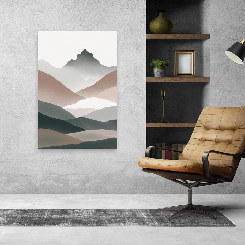 Montagnes sereines - Tableau abstrait moderne représentant un paysage paisible de montagne, 48" H x 32" W