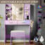 Ensemble de coiffeuse avec miroir à DEL Lacorsha, tabouret de bureau avec prise de courant, 2 tiroirs, 6 tablettes avec éclairage lumineux, 1 support pour sèche-cheveux-37498443