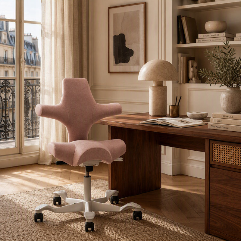 Pink upholstered HÅG Capisco ergonomic office chair with a white five-star base in a styled home office.