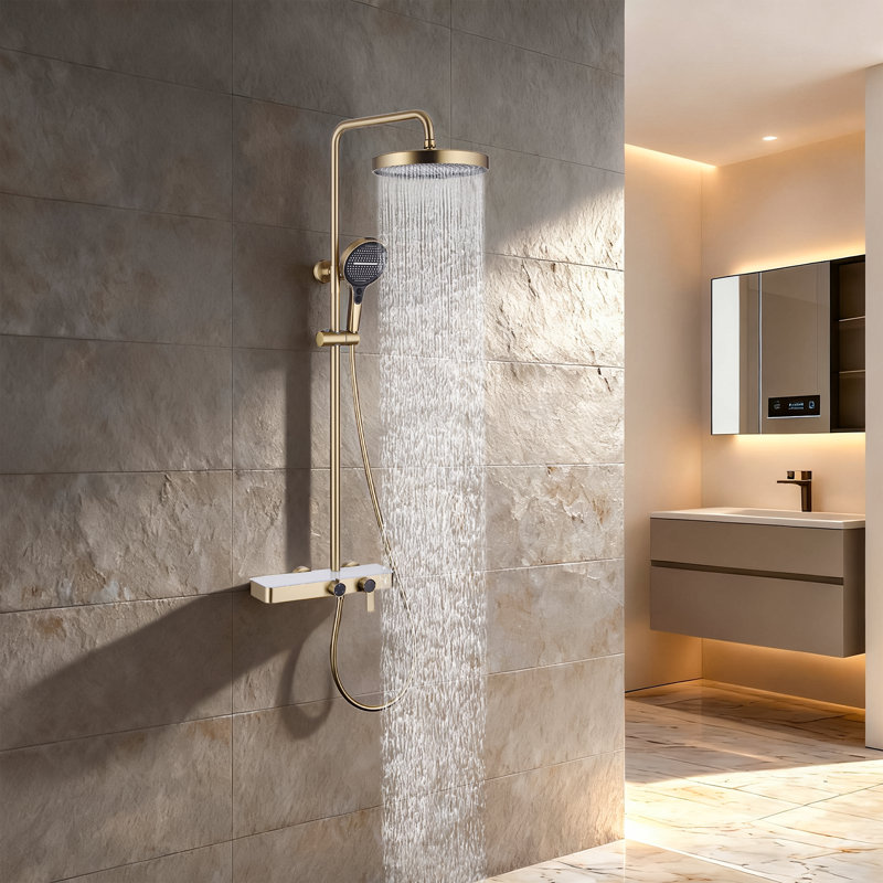10.8 inch 3 Function Complete Shower System with Slide Bar 2.6 GPM, Brushed Gold