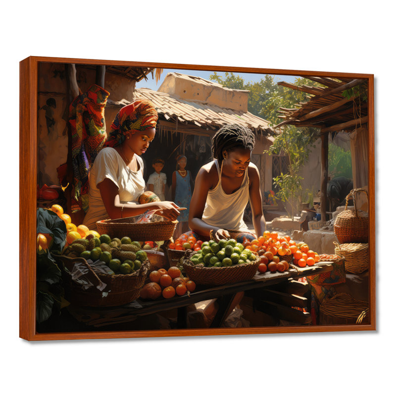 African Vibrant Market I On Canvas Print, 16" H x 32" W x 1" D, Brown Floater Framed