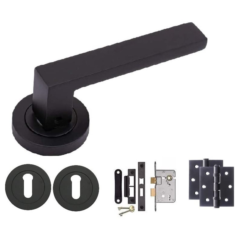  Delta Handles Set on Round Rose in Stunning Matte Black Finish Complete with 3 Lever Mortise Lock and 1 Pair of Ball Bearing Hinges