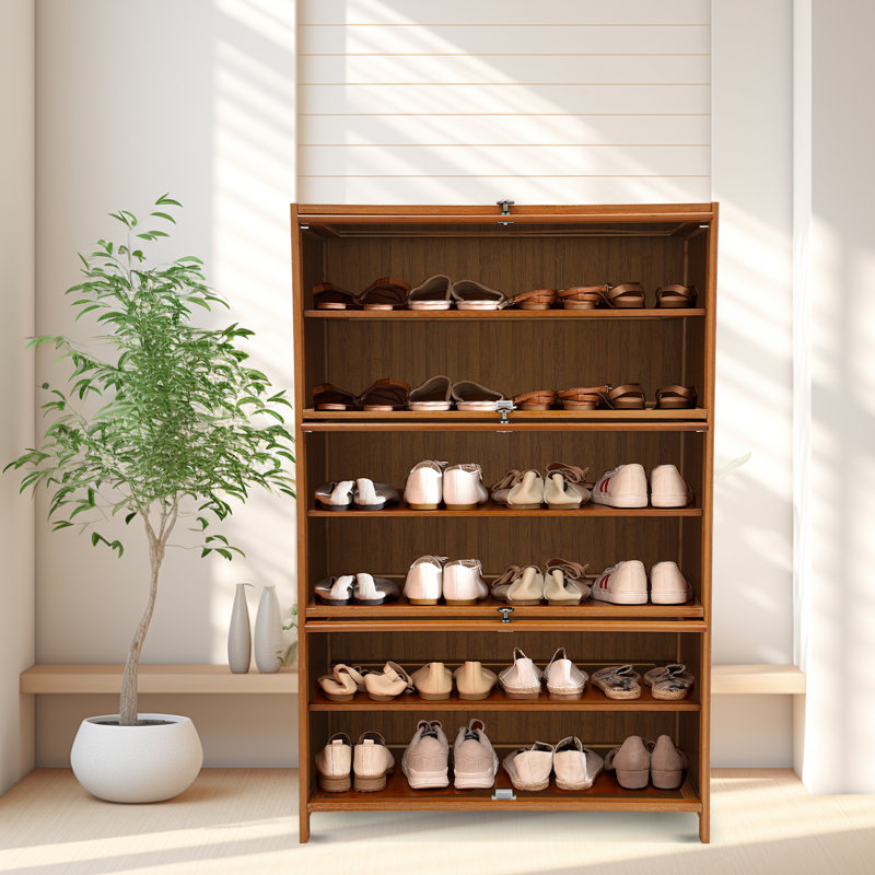 6 Tier Tall Free Standing Bamboo 24 Pair Shoe Storage Cabinet with Clear Flip Doors